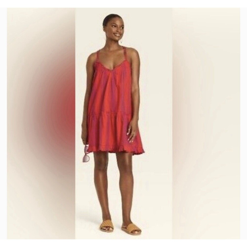 Universal Thread Women Dress Orange/red & Purple Stripe Ruffle  Dress Size M